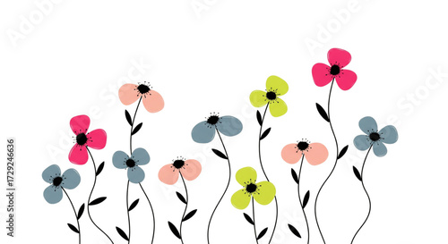 Vibrant and simple cartoon flowers with colorful petals and black stems on a clean white background, minimalist floral illustration