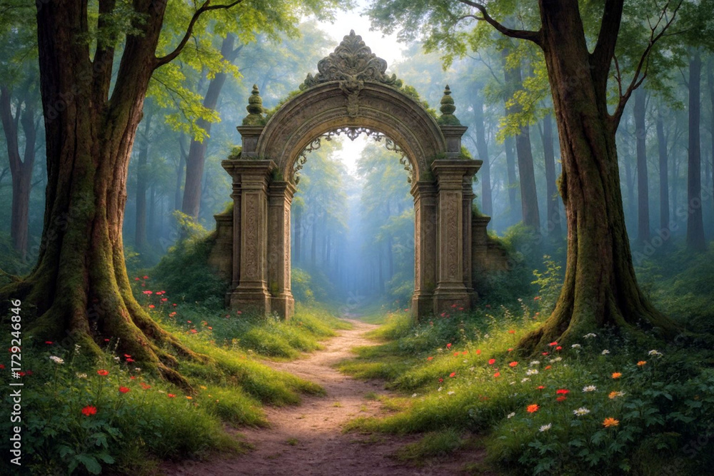Fototapeta premium Ornate Stone Archway In Sunlit Forest Clearing With Tall Trees Moss And Soft Morning Light