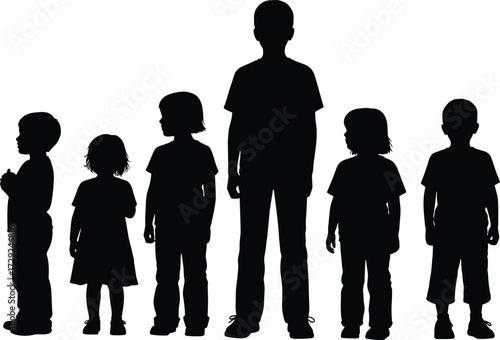 Silhouette of six children standing in a row — diverse kids, boys and girls, black vector outline ideal for education, parenting, family, school, or child development design projects.