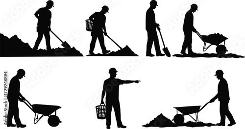 Construction workers silhouettes with shovels, wheelbarrows, and baskets performing labor tasks, vector illustration for building, industry, and teamwork concepts