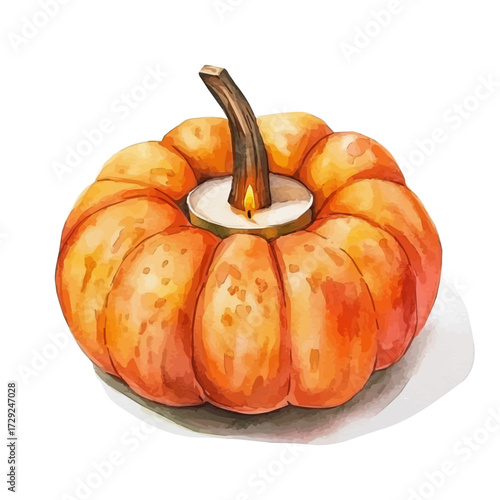 Decorative Pumpkin-shaped Candle Holder, watercolor illustration vector, isolated on a white background.