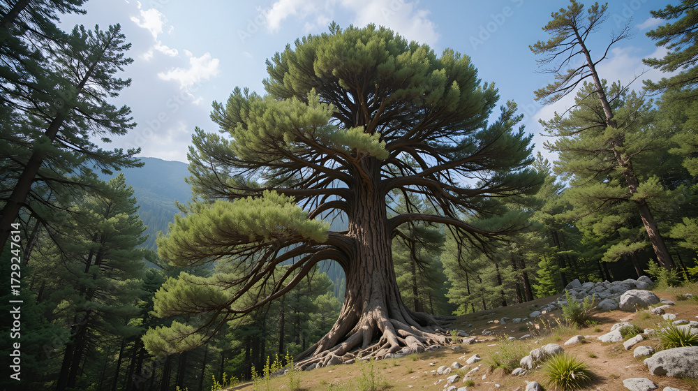 Fototapeta premium the majestic Pino Loricato (Bosnian pine) called Patriarca (patriarch) due to its millennial age in the Pollino National Park. Pinus heldreichii or Pinus leucodermis. Calabria and Basilicata, Italy