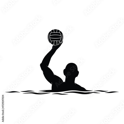 Silhouette of a water polo player in the water with a raised arm holding a ball for a shot