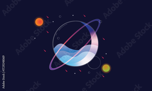 Stylized Planet with Rings and Moons on Dark Blue Background