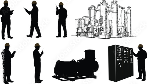 Industrial engineers silhouettes with machinery, factory workers using tablet walkie talkie clipboard, power plant equipment pipes tanks generator control panel