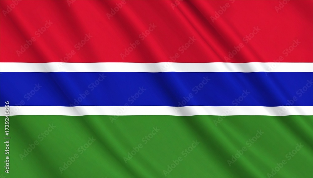 Naklejka premium A river of blue flows between sun and soil—the flag of The Gambia stretches in bold stripes, where red burns with heat, green breathes with life, and white lines whisper peace. It’s a banner of elemen