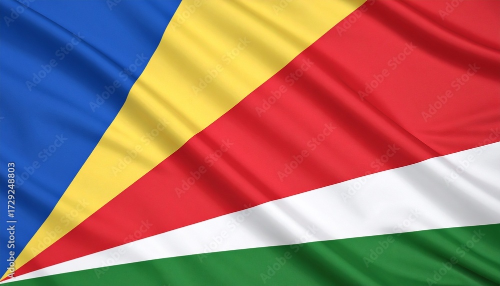 Obraz premium Five colors rise like waves—Seychelles’ flag fans out from the earth in bold diagonals of sky, sun, people, justice, and land. It’s a banner of tropical resilience and radiant hope, where every stripe