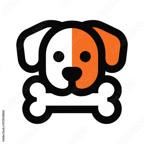 Minimalist logo of a stylized dog face with bone underneath in black, white, and orange within rounded rectangle