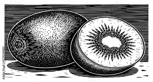 Kiwi Fruit in a Retro Engraved Style