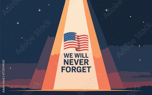 American flag in light beams with text we will never forget
