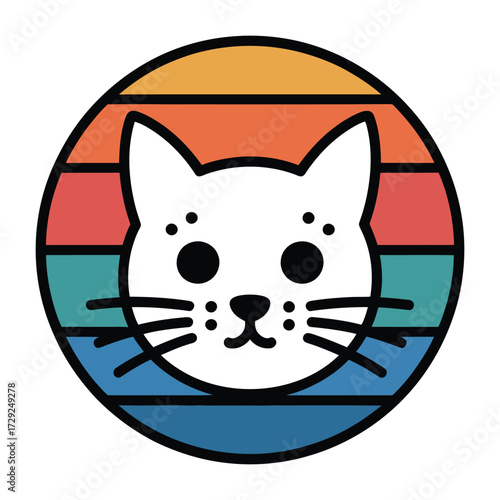 Minimalist logo of a white cat face in circular frame with retro sunset color stripes in modern sticker style