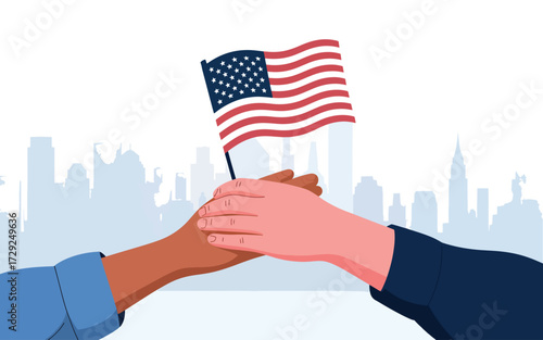 Two hands holding American flag with city skyline background
