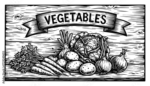 Vegetables Market Sign in a Vintage Engraved Style