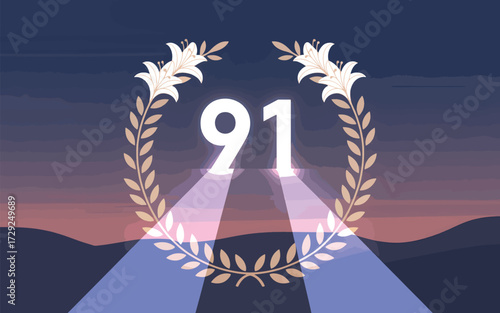 White lilies and laurel wreath framing number 91 ninety one