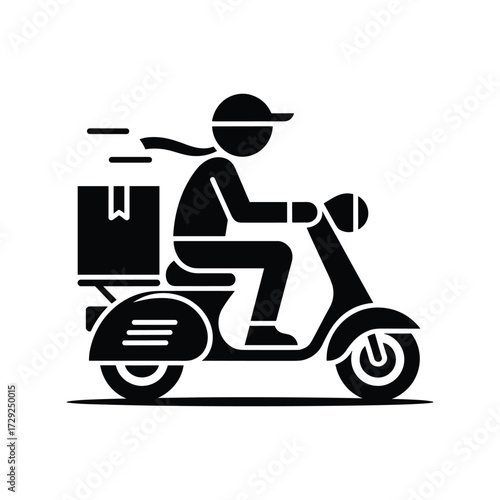 Delivery person riding a scooter with a package and scarf blowing Keywords: delivery, person, scooter