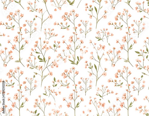 Delicate floral pattern on a white background. Small, pale pink flowers with light green stems and leaves are repeated in a seamless pattern