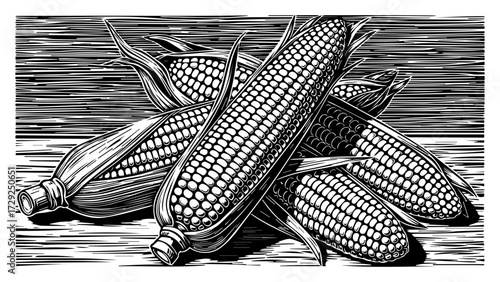 Corn on the Cob in a Vintage Woodcut Engraving Style