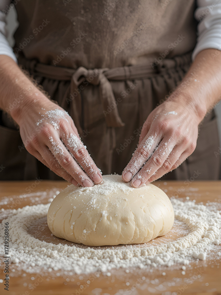 Fototapeta premium Hands kneading dough with flour on wooden surface