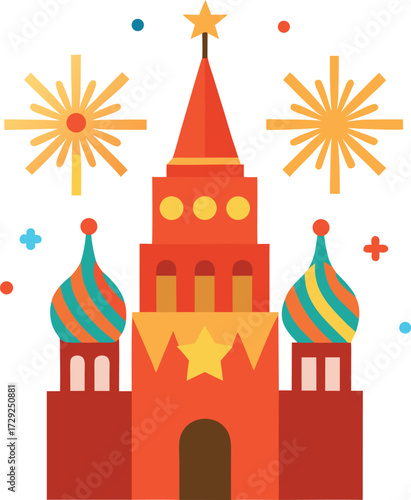 Stylized Vector Illustration of the Kremlin with Fireworks for Festive Celebrations