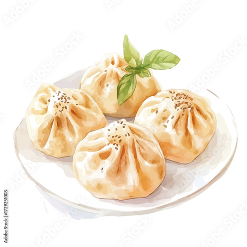 Dumplings With Sesame Seeds, watercolor painting vector, isolated on a white background.