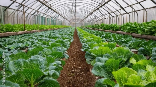 Inside a greenhouse filled with vibrant, healthy cabbages and various other crops.