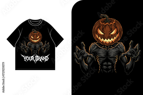 Spooky illustration of a pumpkin-headed monster design displayed on a black t-shirt.