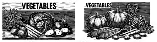 Vegetable Harvest in a Vintage Woodcut Style
