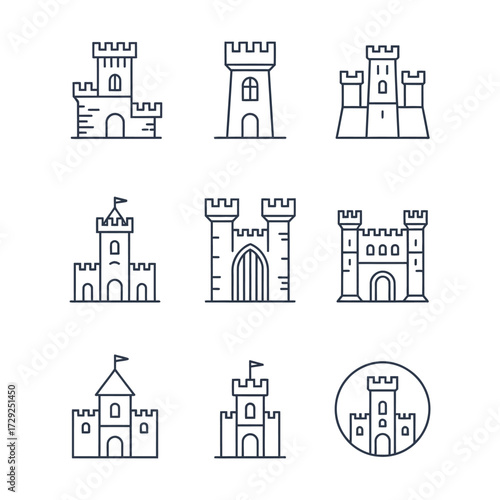 Set of 8 minimalist line art castle illustrations with towers battlements gates and medieval architectural elements in grid layout