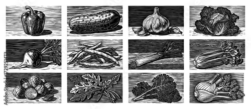 Vegetable Icons Collection in a Vintage Woodcut Style