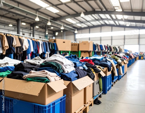 Textile Recycling Used Clothing Sorted in Warehouse