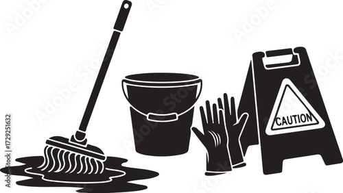 Cleaning Equipment Icon Set Featuring Mop Bucket Gloves and Caution Sign for Safety Awareness and Maintenance Pictogram Design in Black and White