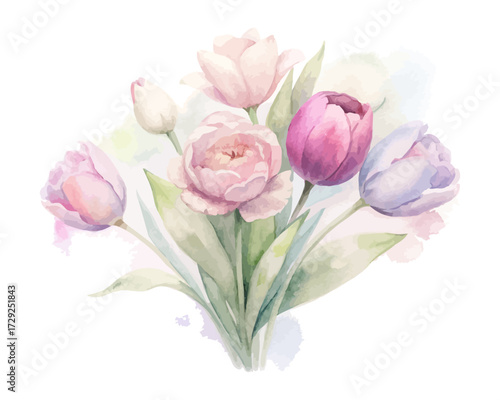 Wallpaper Mural Watercolor Spring Bouquet with Peonies and Tulips isolated on white background Torontodigital.ca