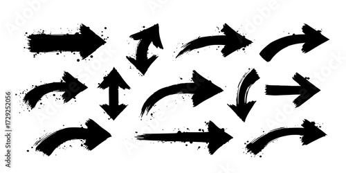 Vector art of set of grunge brush stroke arrows indicating various directions and movement transparent background
