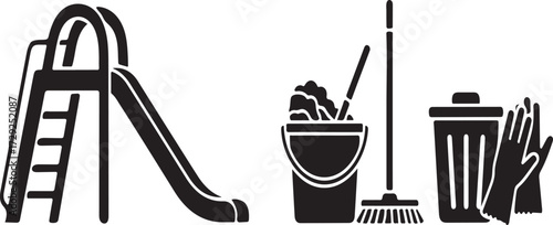Illustrative Black and White Icon Set Featuring Cleaning Supplies and Playground Equipment Depicting Diverse Household and Recreational Activities