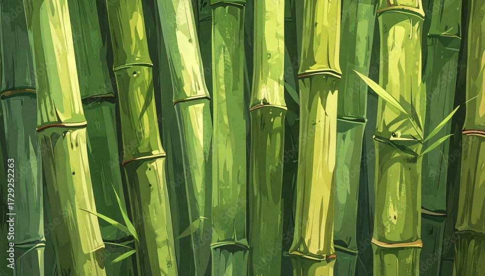 Obraz premium Close-up of vibrant green bamboo stalks and leaves creating a dense forest background texture, natural Asian plant growth
