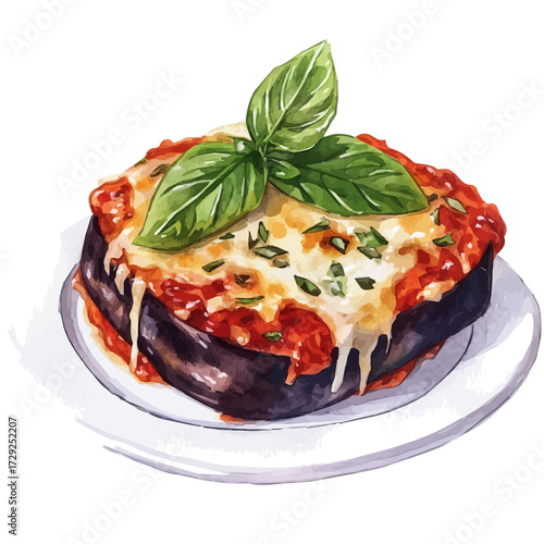 watercolor of Eggplant Parmigiana, vector, isolated on a white background.