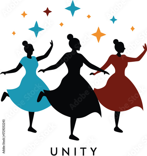Three Women Dancing Together in Unity with Stars Above Silhouette Illustration