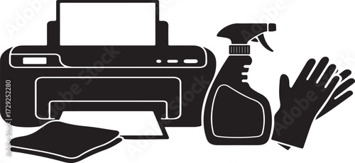 Printer cleaning and maintenance vector illustration showcasing disinfectant spray bottle cleaning cloth and protective gloves equipment against germs and dirt