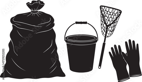 Silhouette Illustration of Beach Cleaning Tools Ready for Environmental Cleanup Efforts and Volunteer Work to Maintain Cleanliness and Preservation