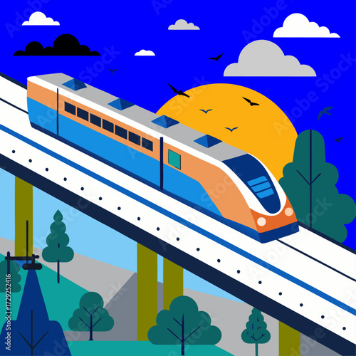 High-quality vector illustration of a metro train on an elevated track above a busy city street. Ideal for smart city, urban transport, and public transit projects.
