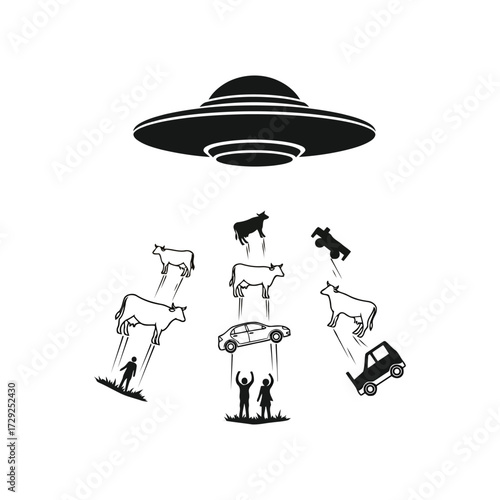 Humorous alien abduction scene with a UFO beaming up cows, cars, and people from the ground