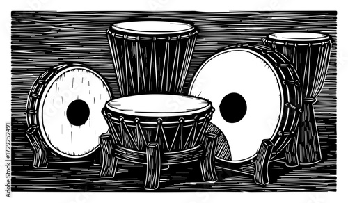 African Djembe Drums in a Retro Linocut Style