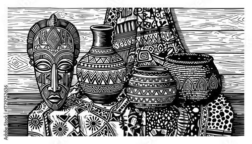 Traditional African Art with Mask and Pottery in a Woodcut Style