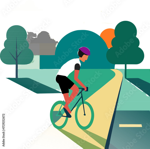 Premium vector showing a young cyclist riding in a green dedicated lane during sunrise. Perfect for urban mobility, eco-friendly transport, fitness, and outdoor activity projects.
