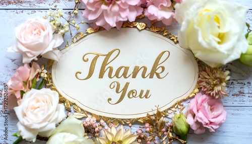 Elegant thank you sign surrounded by pastel flowers