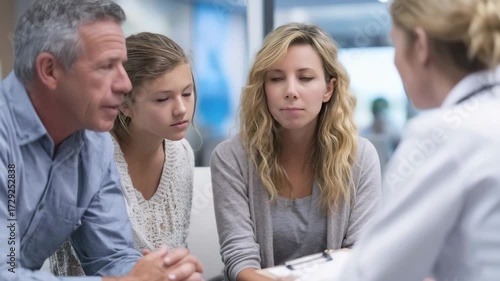 A family meeting with their doctor in a bright and modern clinic setting.
