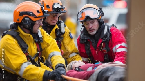 Firefighters and paramedics responding to an emergency to help an injured person.