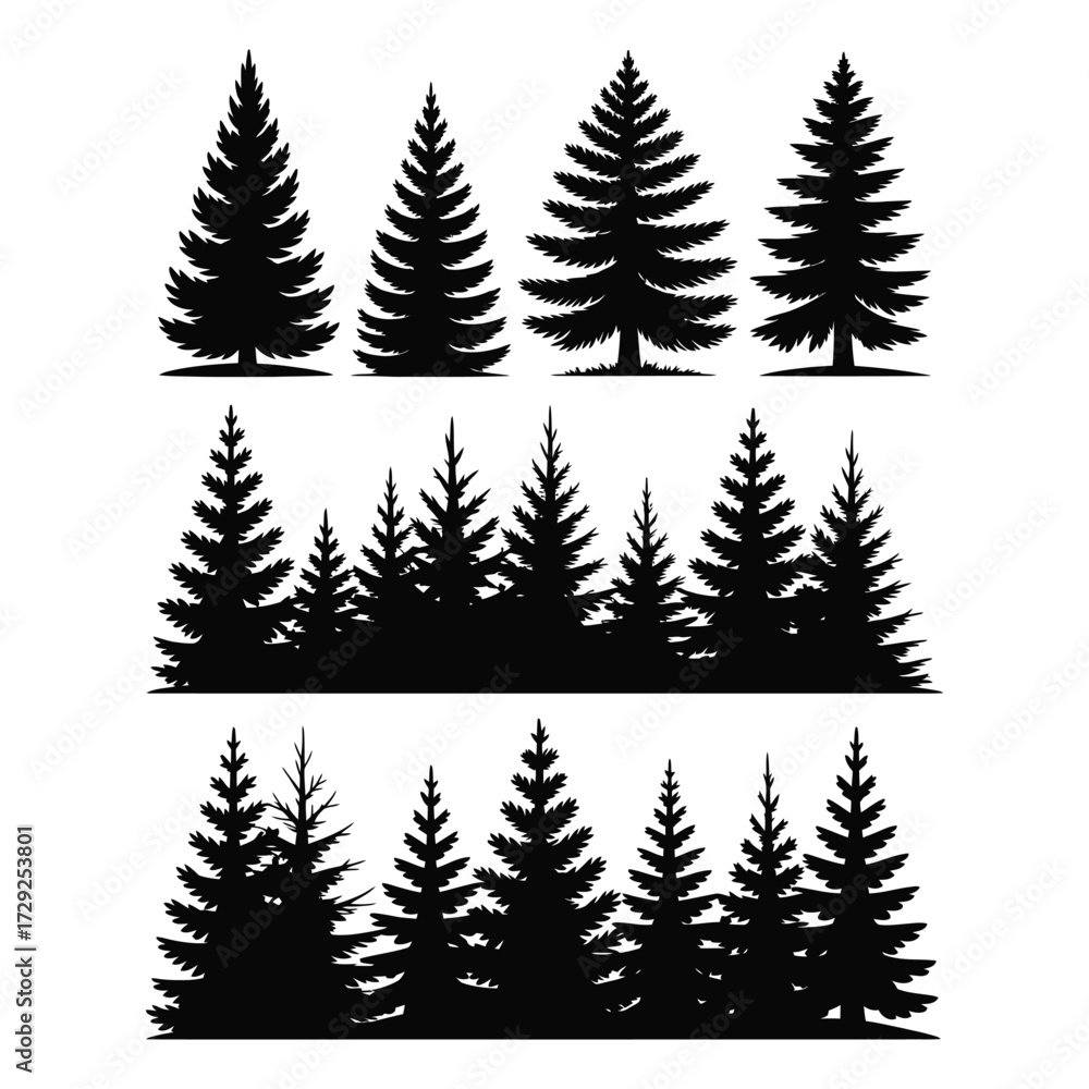 Fototapeta premium Set of 12 black silhouette pine tree illustrations with individual trees clusters and layered forest scenes on white backgroun