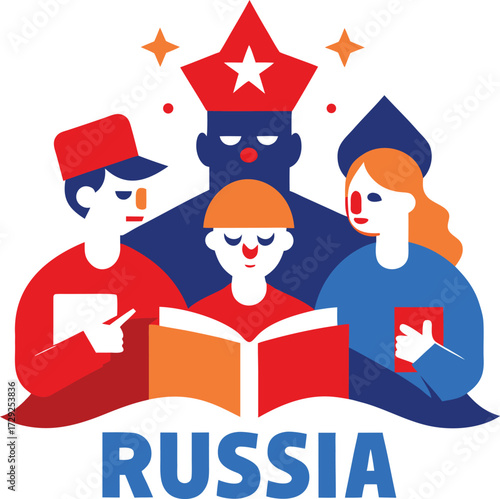 Diverse Russian People Reading and Learning Together with Russia Text Below