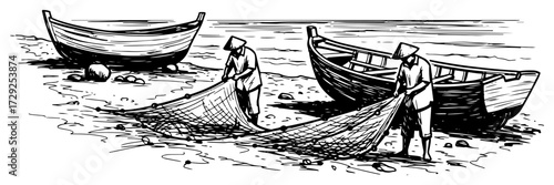 Vintage Sketch of Fishing Boats on a Seashore